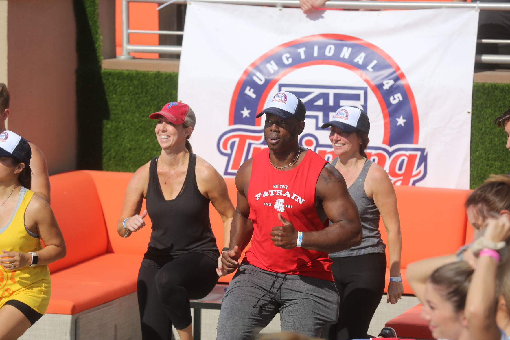 Actor Mark Wahlberg helps to lead a F45 track workout at Ocean Casino Resort in Atlantic City as part of the casino's one-year anniversary Saturday, June 22, 2019.